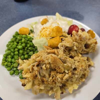 Tuna noodles, peas and salad.